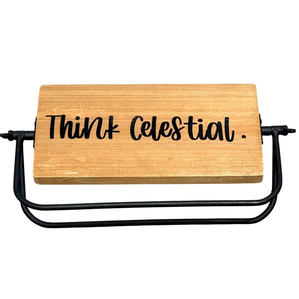 Think Celestial Tabletop Sign Wood Block Metal Swivel Frame Brown Black 8.5x4.5